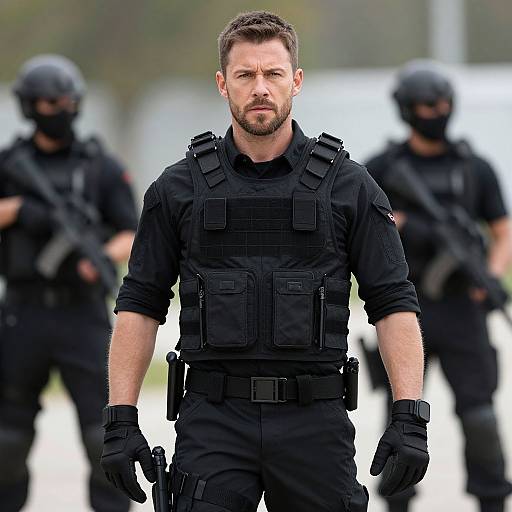 Tactical Security Team Leader in Black Gear with Armed Support