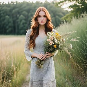 Young woman with red hair in a lace dress holding wildflowers
