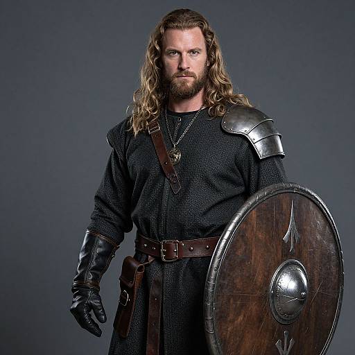 Medieval Warrior Man in Armor Holding Round Shield