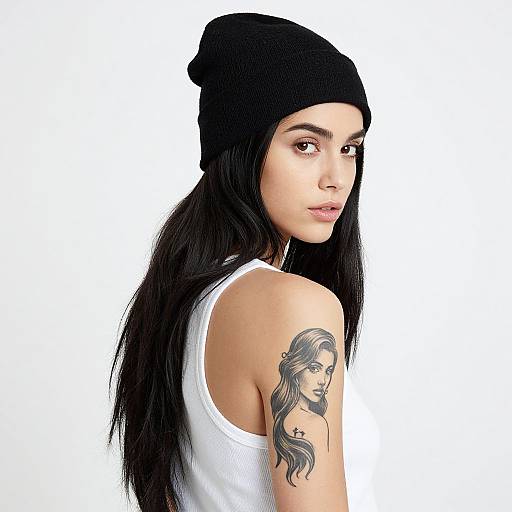 Young Woman with Black Beanie and Detailed Portrait Tattoo on Upper Arm