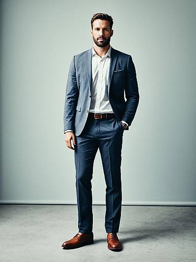 Man in Summer Professional Outfit with Navy Blue Suit and Brown Shoes