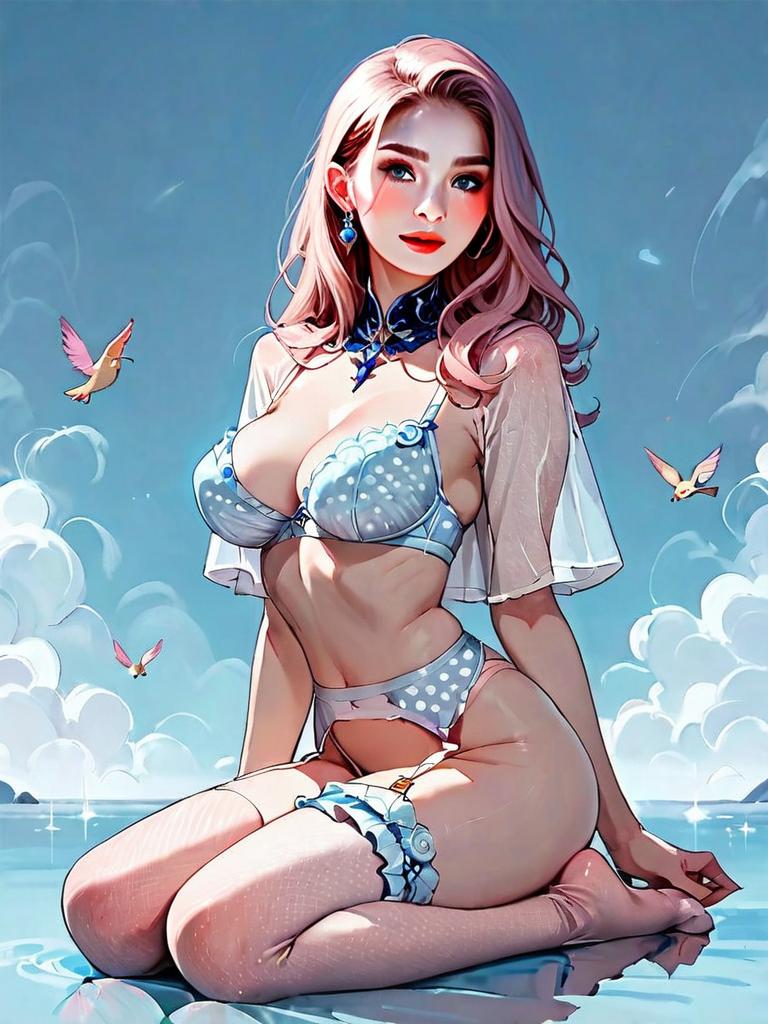 Anime Style Woman in Light Blue Polka Dot Lingerie Sitting by Water