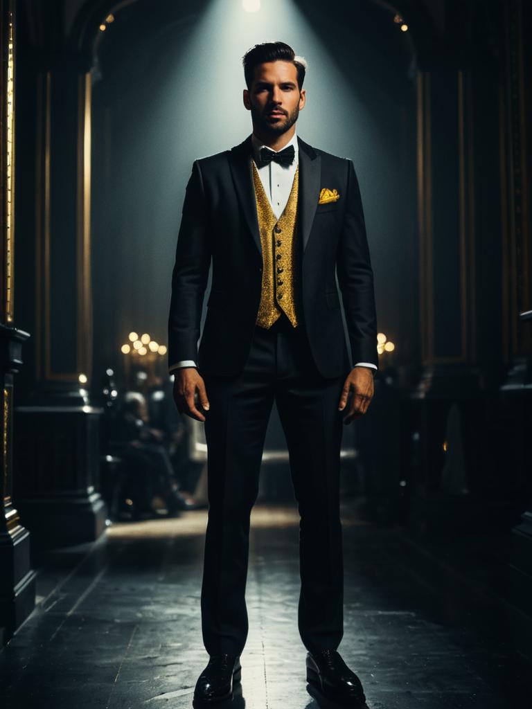 Man in Summer Wedding Outfit at Fashion Event in Black Tuxedo with Gold Vest