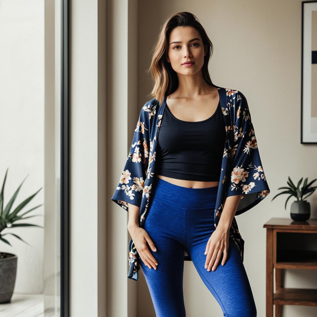 Stylish Woman in Floral Kimono and Blue Leggings Indoors