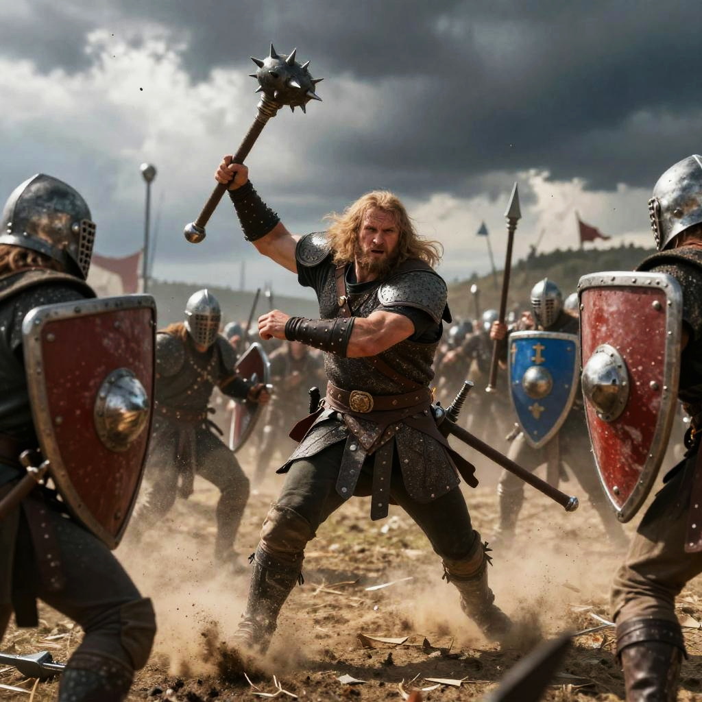 Medieval Warrior in Battle Wielding Spiked Mace Against Armored Soldiers