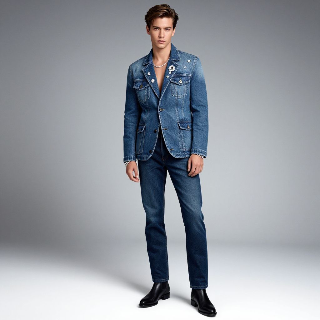 Stylish Man Wearing Denim Jacket and Jeans Fashion Outfit