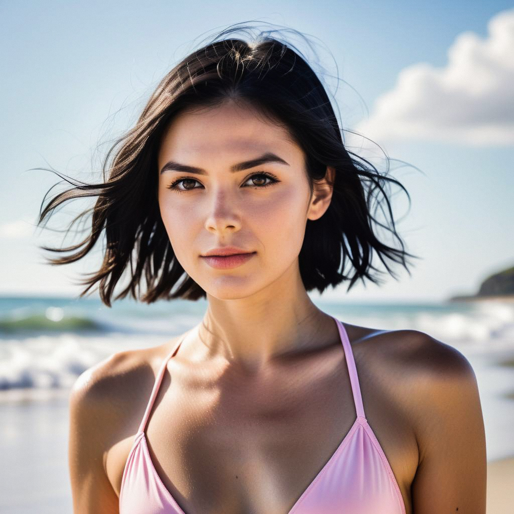 Young Woman on Beach in Pink Bikini