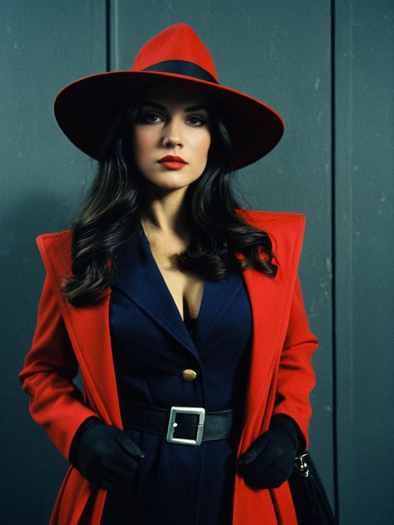 Woman in Carmen Sandiego Costume with Cinematic Realism and Mysterious Vibes