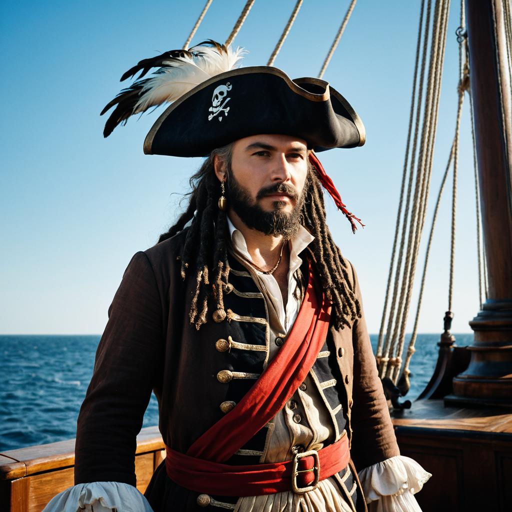 Man in Traditional Pirate Costume on Ship Deck by the Ocean