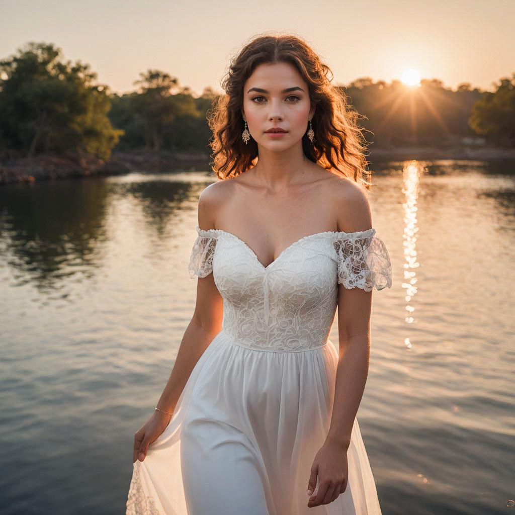 Elegant Woman in White Dress by Serene Lake at Sunset Elegant Woman in White Dress by Serene Lake at Sunset