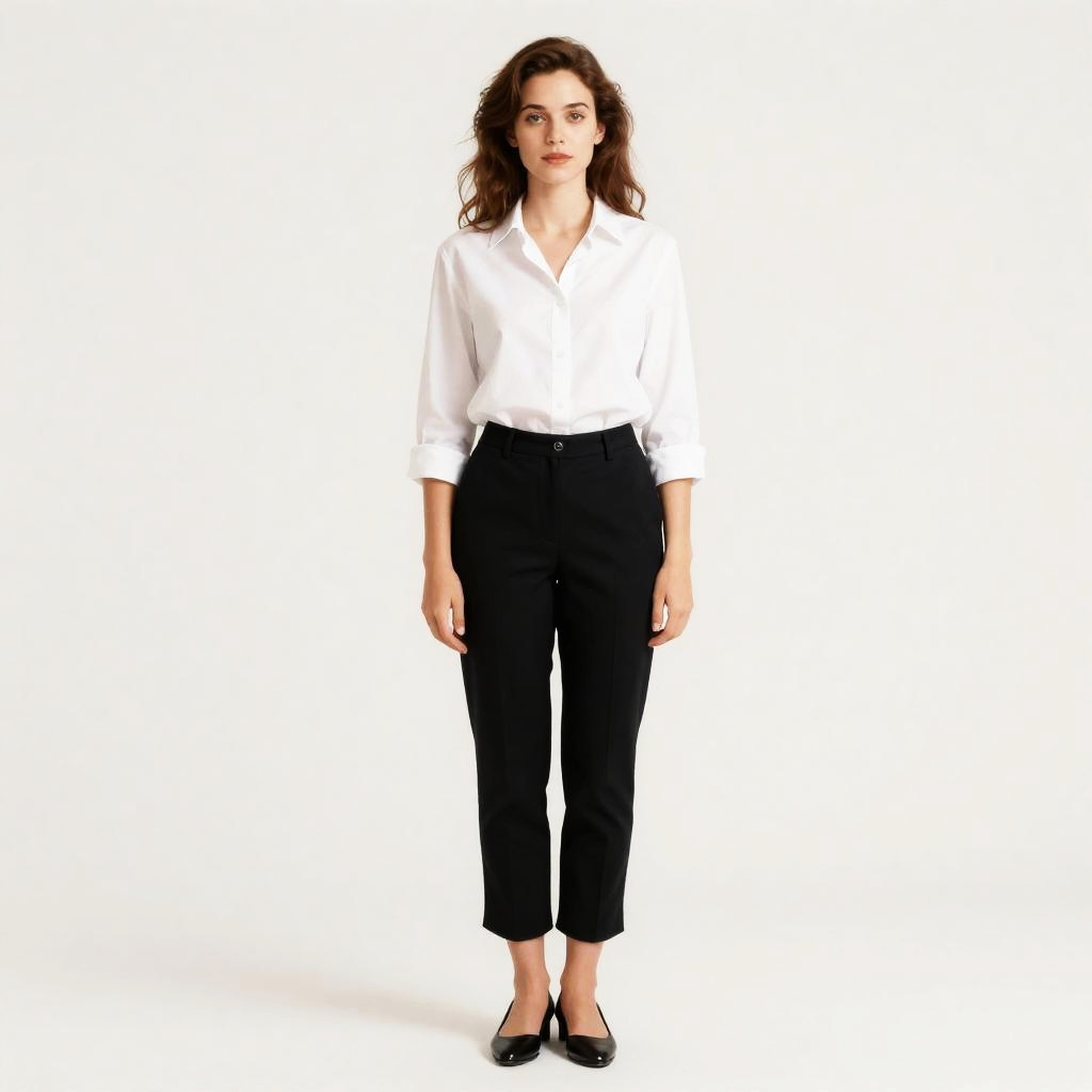 Young Woman in White Shirt and Black Cropped Pants Standing Confidently