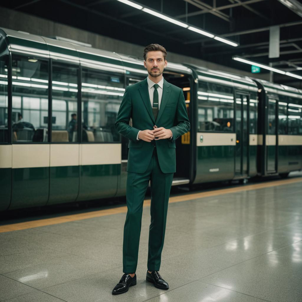 Stylish Man in Green Suit at Modern Train Station