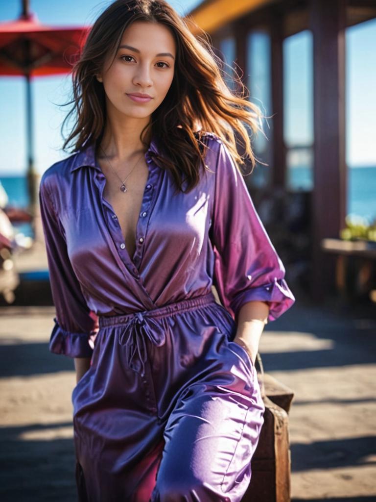 Woman in Purple Satin Dress by the Beach