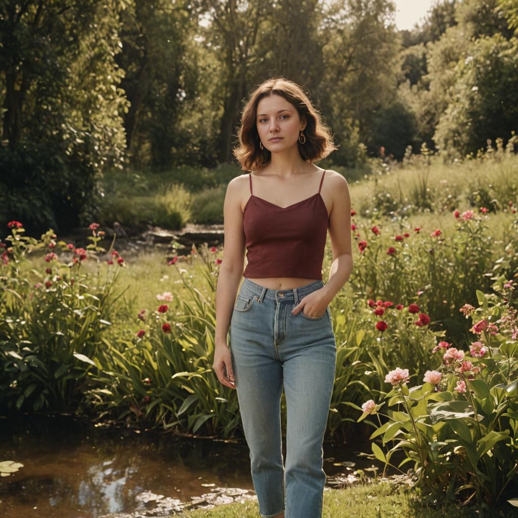 Woman in Casual Top and Jeans in Serene Nature