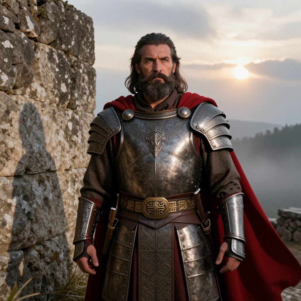 Medieval Knight in Armor with Red Cape at Sunset