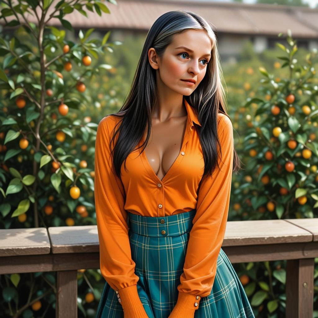Young Woman in Orange Blouse and Blue Plaid Skirt Among Orange Trees Young Woman in Orange Blouse and Blue Plaid Skirt Among Orange Trees