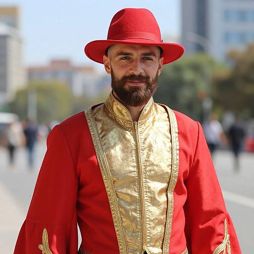 Man in Traditional Red and Gold Costume with Hat in Urban Setting