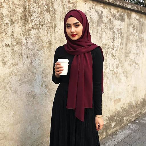 Young Woman in Burgundy Hijab Holding Coffee Cup Outdoors