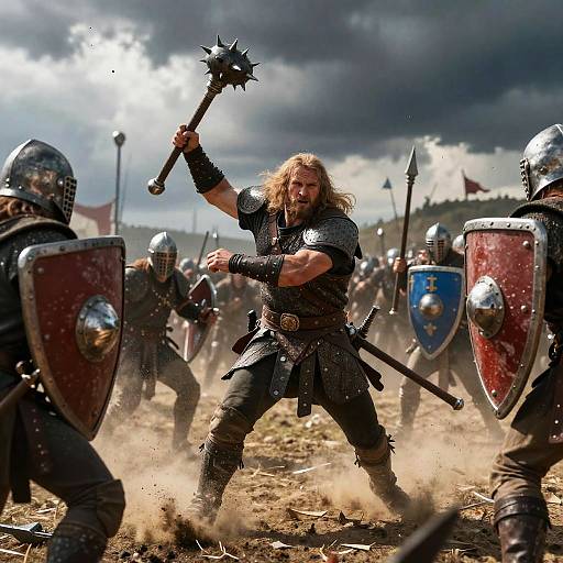 Medieval Warrior in Battle Wielding Spiked Mace Against Armored Soldiers