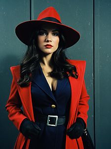 Woman in Carmen Sandiego Costume with Cinematic Realism and Mysterious Vibes