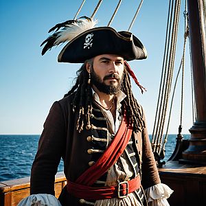 Man in Traditional Pirate Costume on Ship Deck by the Ocean