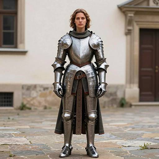 Medieval Armor Woman Standing in Front of Historic Building