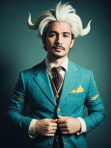 Realistic Nigel Uno Cosplay Man in Teal Suit with White Spiked Hair