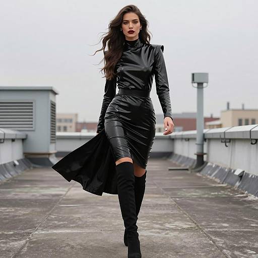 Confident Woman in Black Latex Dress and Thigh-High Boots on Rooftop