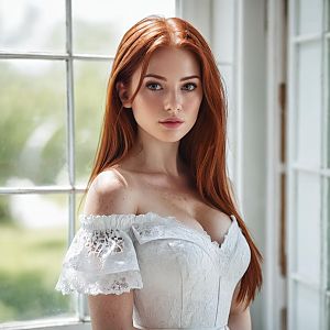 Young Woman in Elegant Lace Dress by Window