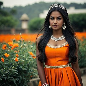 Elegant Woman in Orange Raw Silk Churidar Dress with Jewelry and Tiara