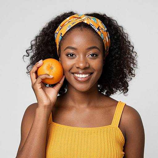 Smiling Woman with Orange Fruit in Yellow Outfit