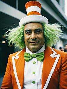Man in Oompa Loompa Costume with Bright Green Hair and Orange Suit