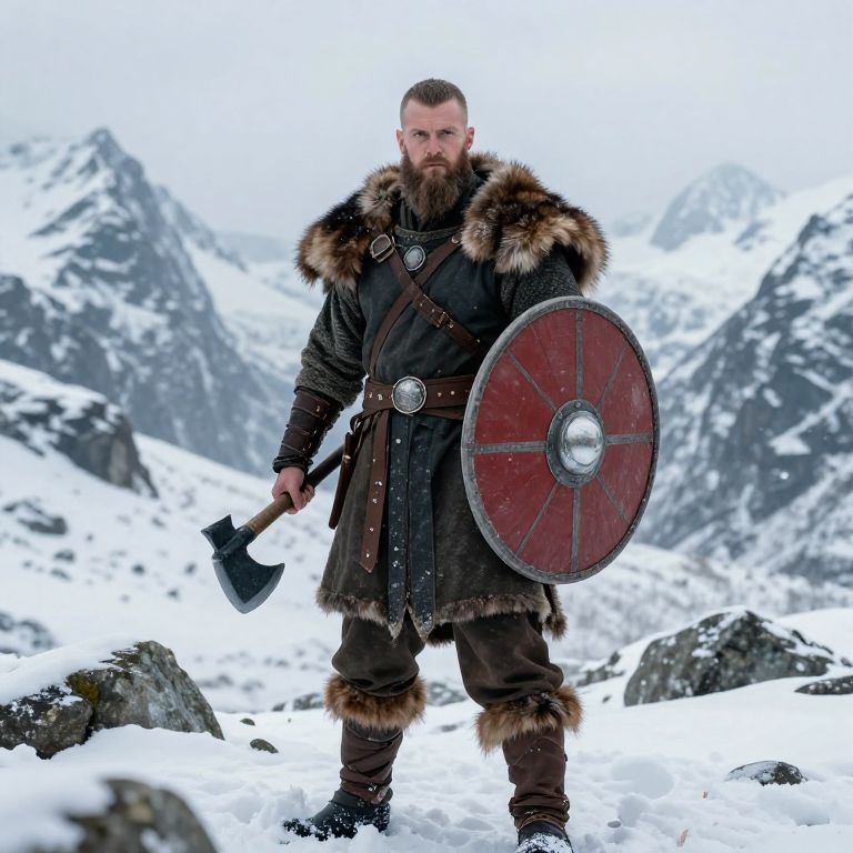 Viking Warrior in Fur Lined Armor Holding Axe and Shield in Snowy Mountains