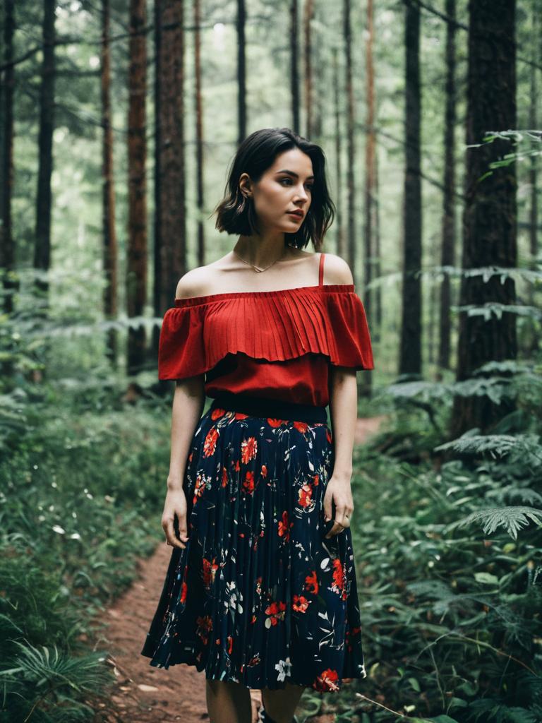 Woman in Red Off-Shoulder Blouse and Floral Skirt Walking in Forest