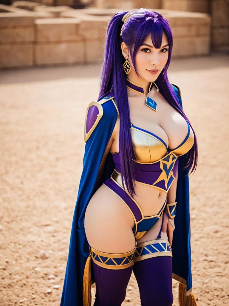 Ishtar Fire Emblem Cosplay Woman in Purple and Gold Armor