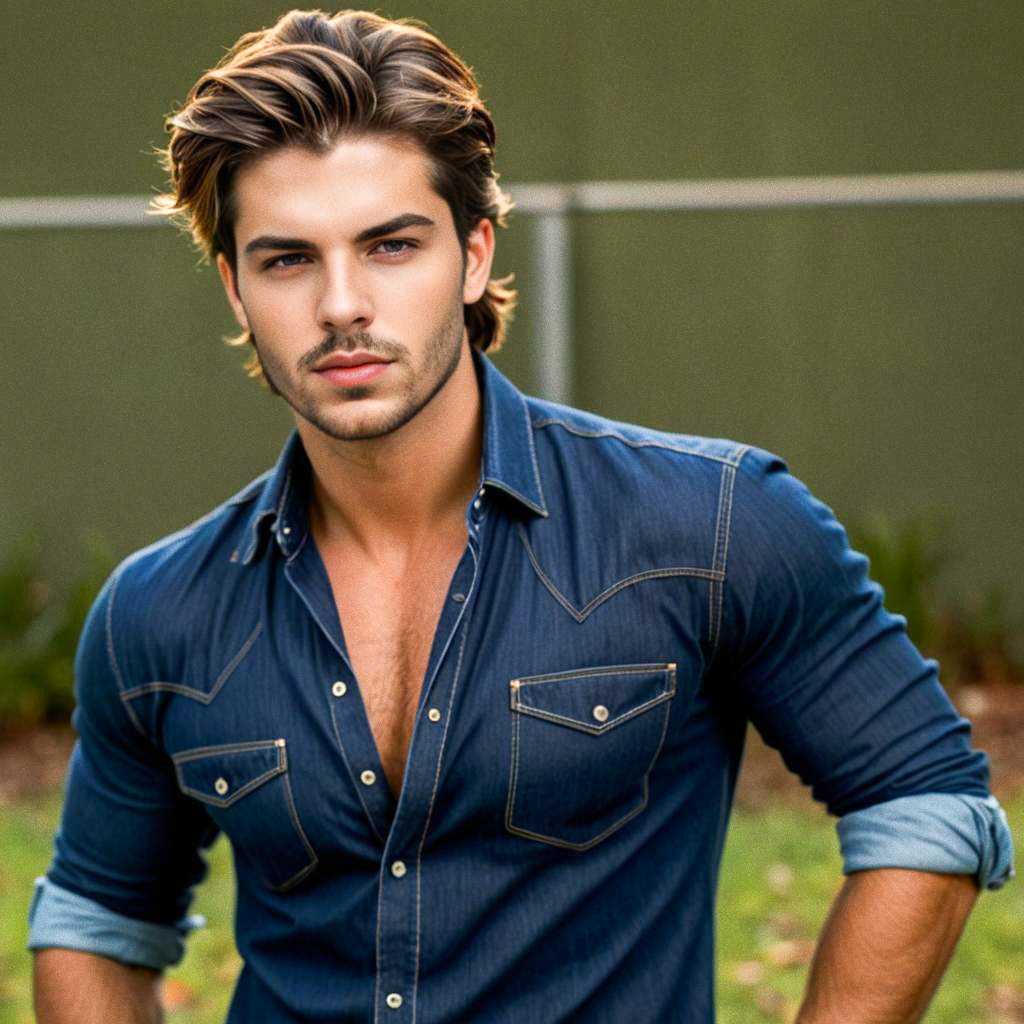 Confident Young Man in Denim Shirt Outdoors