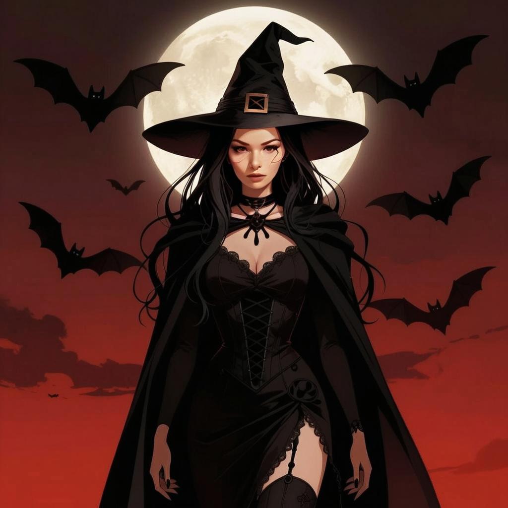 Gothic Witch Woman Illustration with Full Moon and Bats