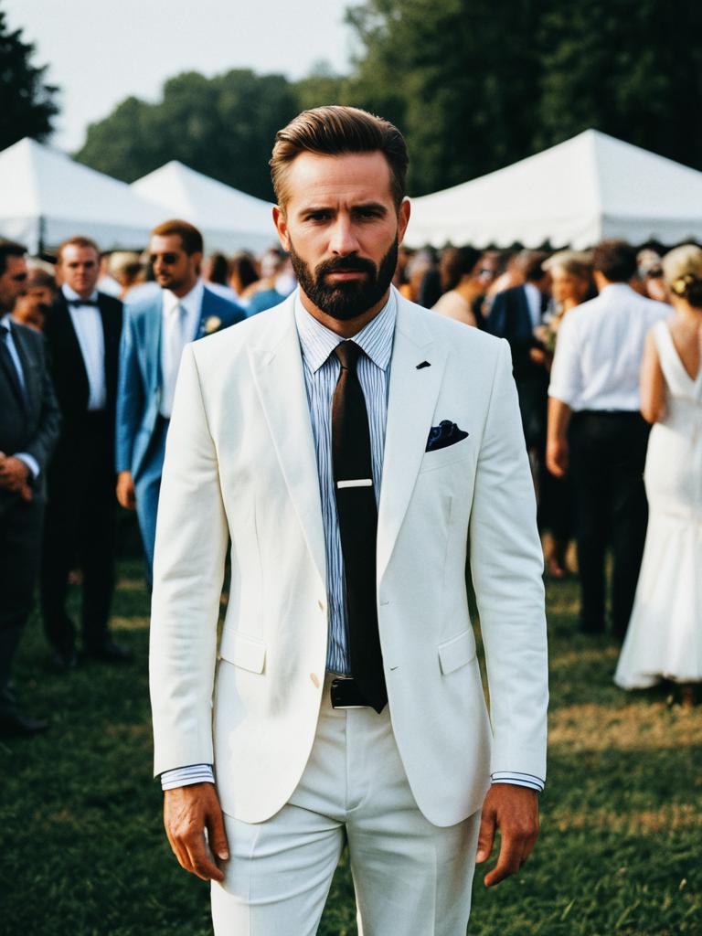 Man in Summer Wedding Outfit at Outdoor Fashion Event