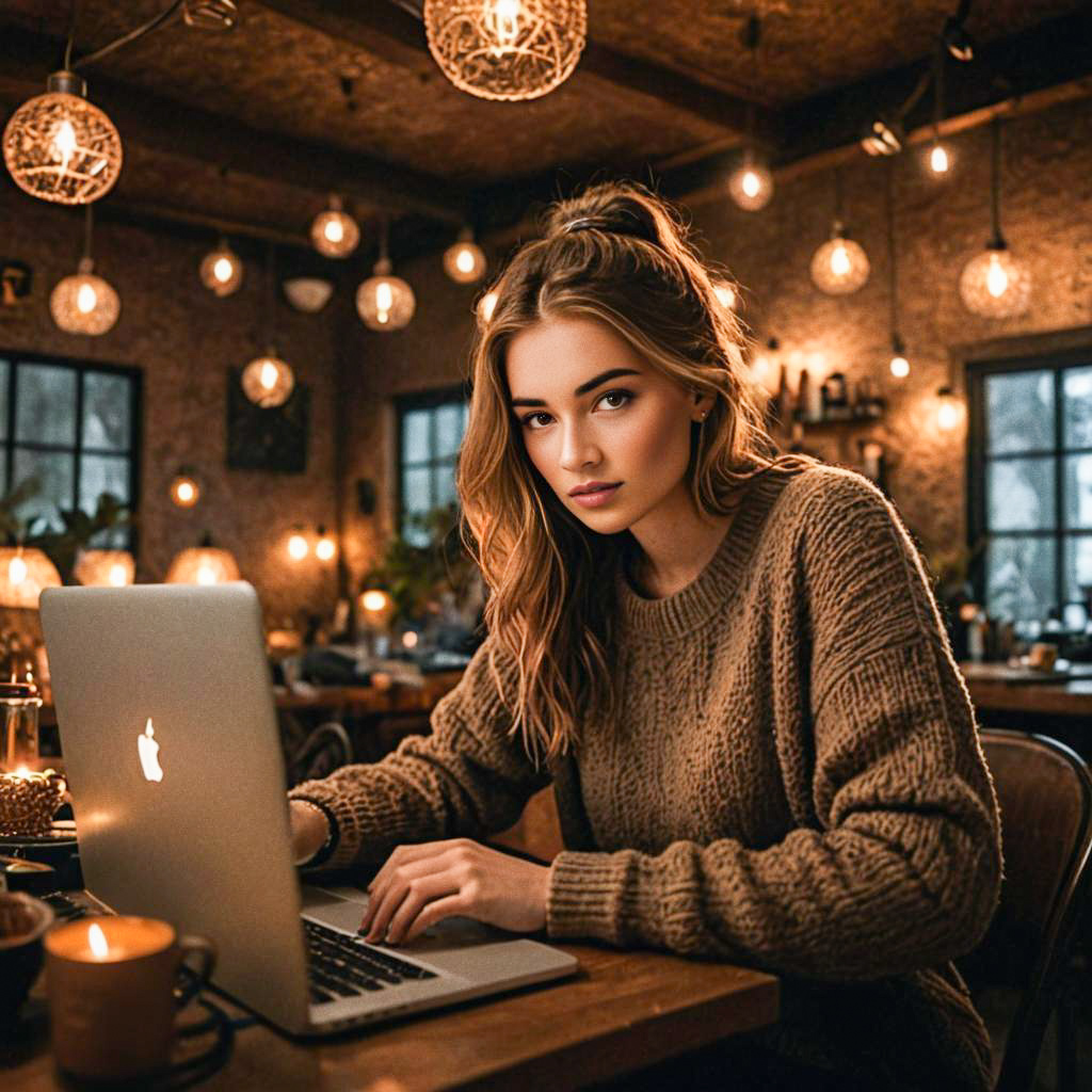 Young Woman Working in Cozy Café