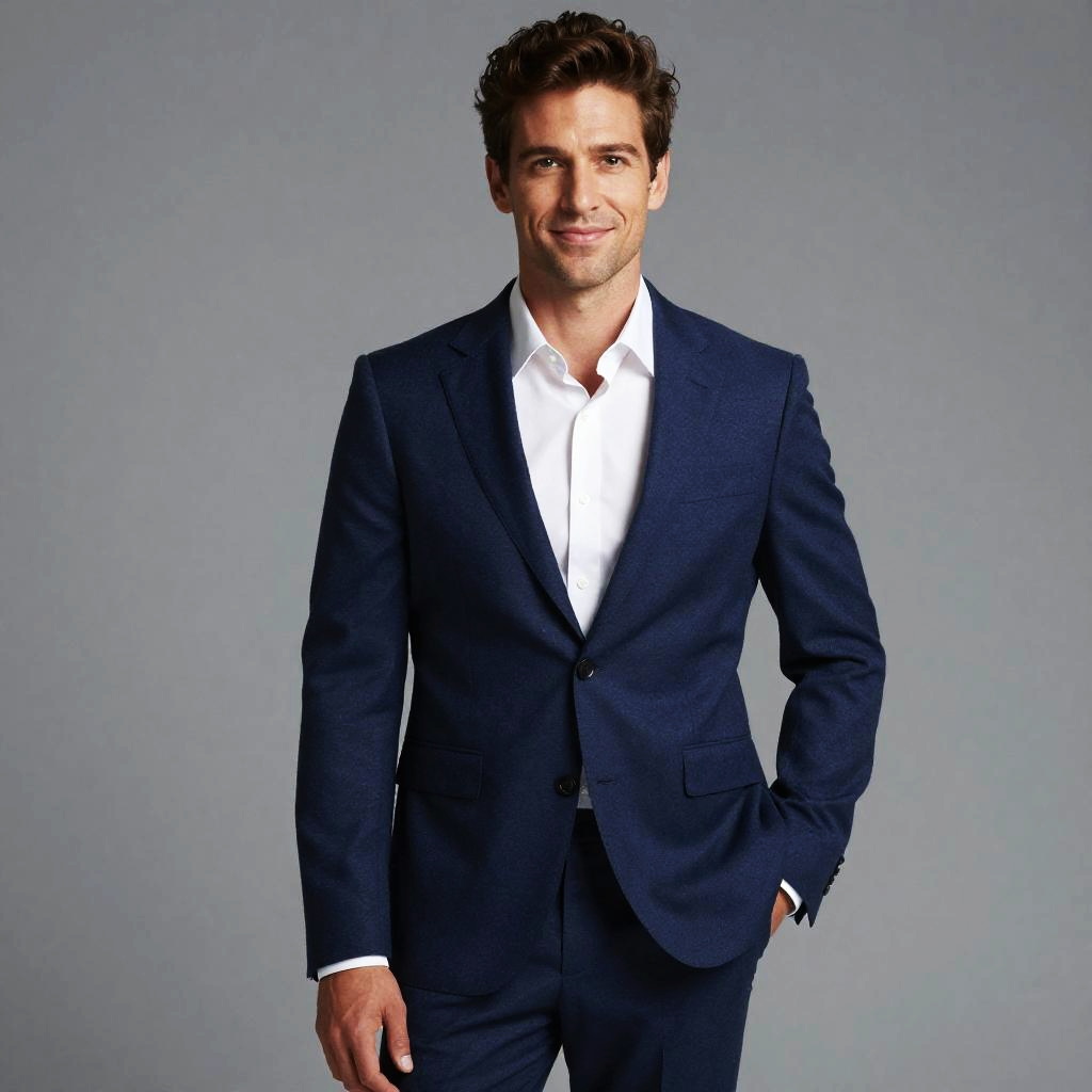 Confident Man in Navy Blue Suit with White Shirt