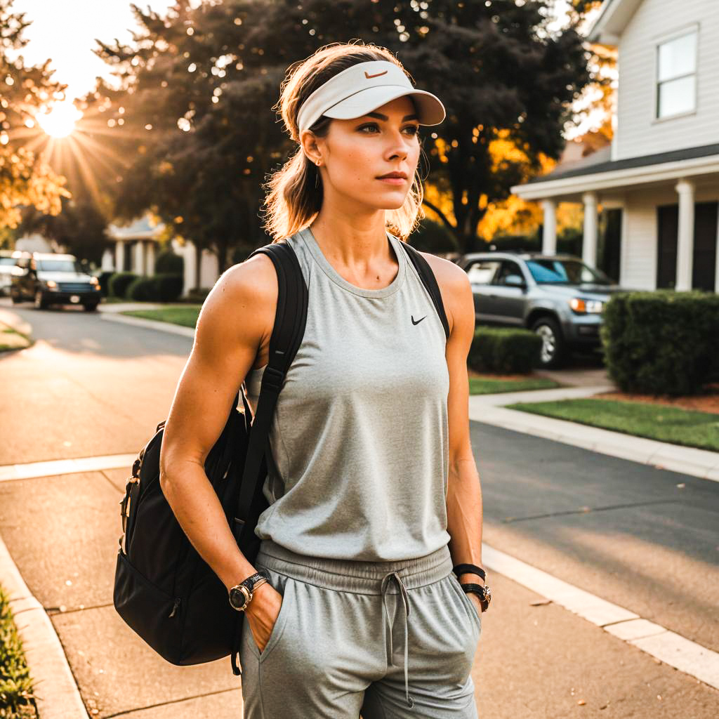 Fit Woman in Nike Outfit Walking on Suburban Street