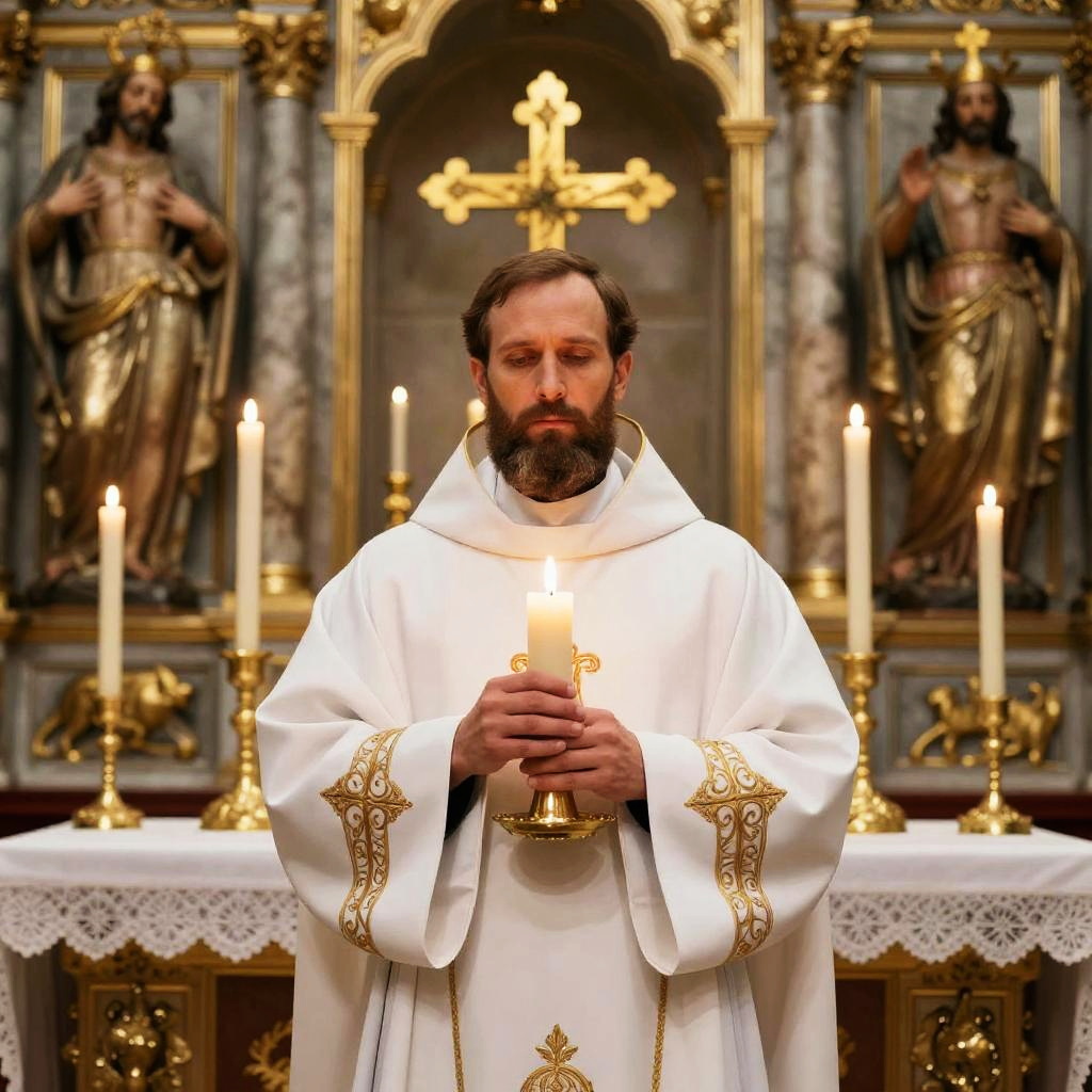 Priest Holding Candle in Traditional Church Ceremony