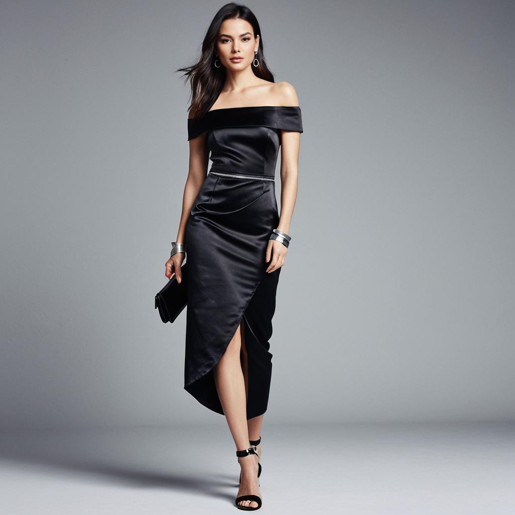 Elegant Woman in Black Satin Off-Shoulder Dress with Silver Accessories