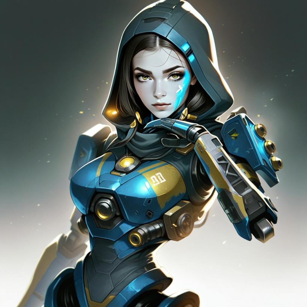Futuristic Woman in Blue Mech Suit with Robotic Arm - Sci-Fi Digital Art