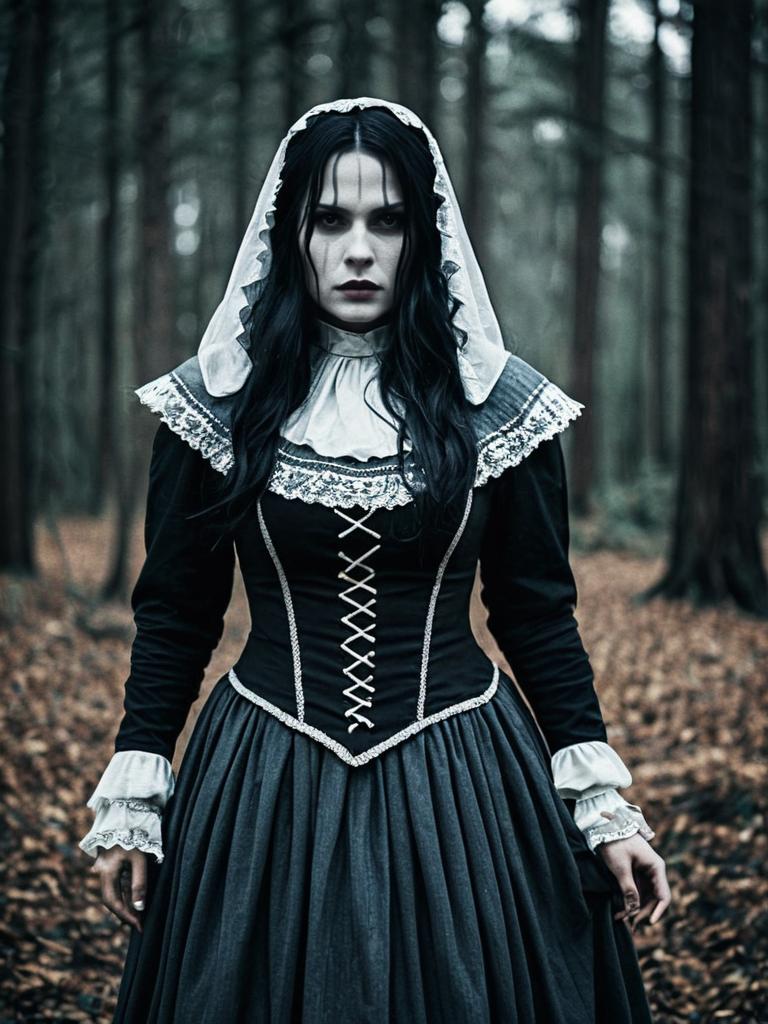 Dramatic Woman in Llorona Costume Gothic Victorian Dress in Forest