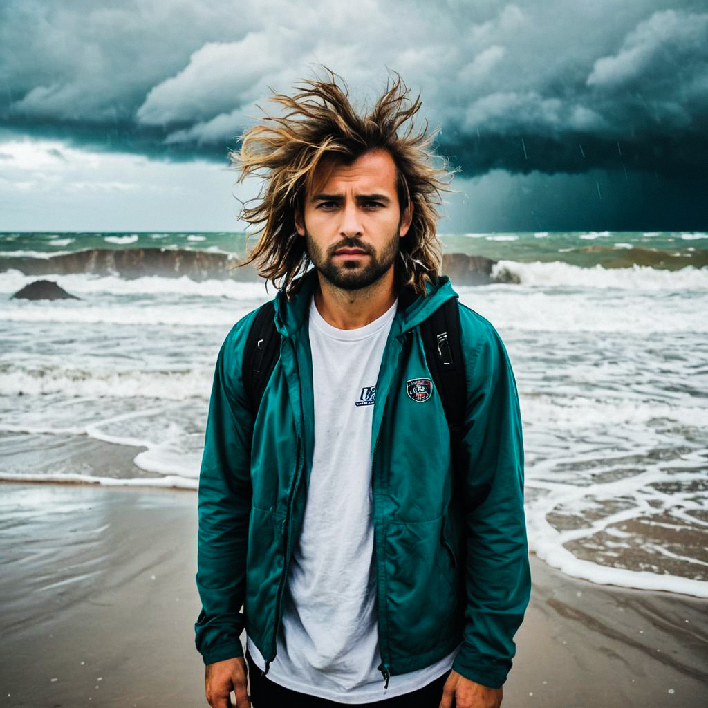 Young man on stormy beach Young man on stormy beach