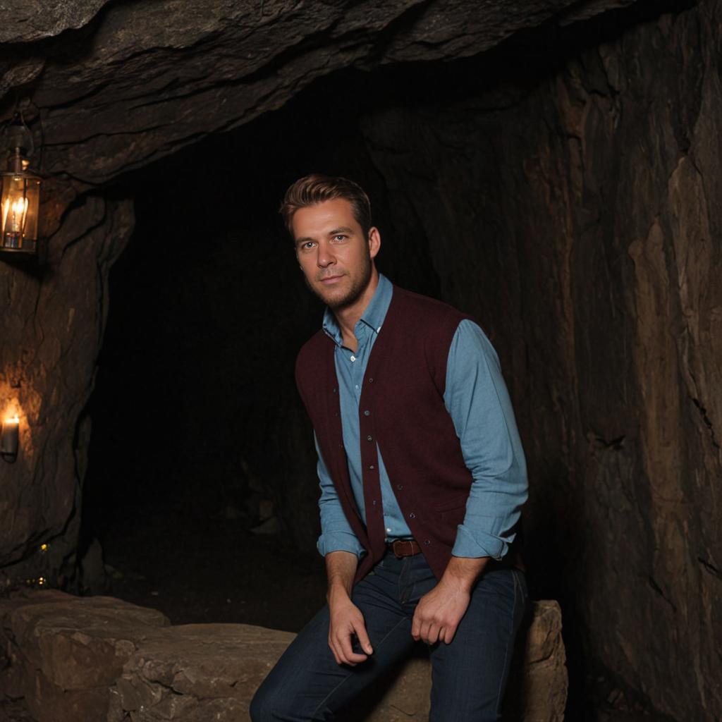 Thoughtful Man in Dimly Lit Cave with Lantern