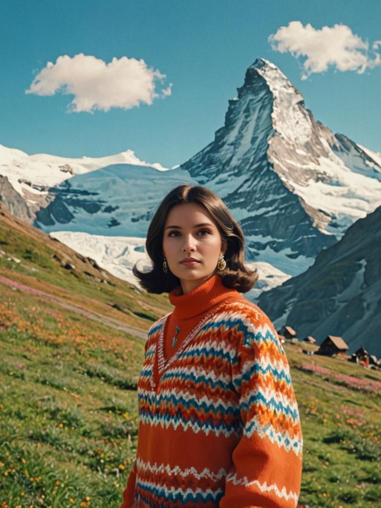 Woman in 1970s Clothing with Matterhorn Background