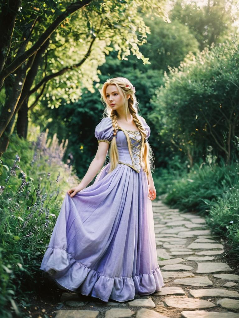 Woman in Lavender Gown on Stone Path