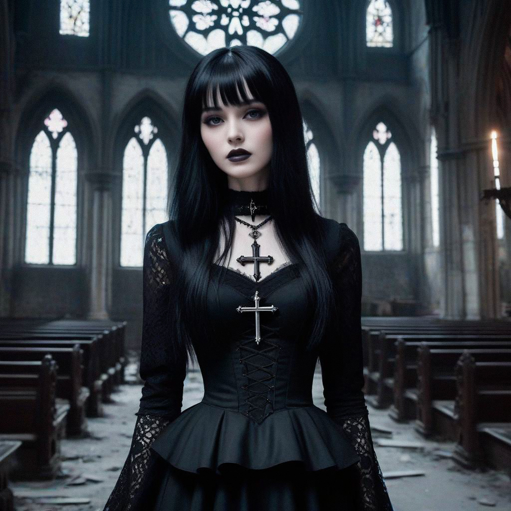 Elegant Woman in Black Gown at Gothic Cathedral